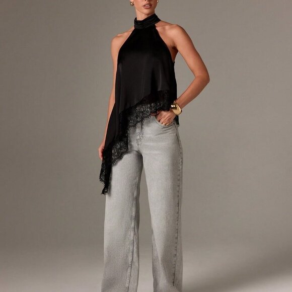 Black elegant Women's Sleeveless High Neck Lace Trim Asymmetric Satin Top - Picture 3 of 5